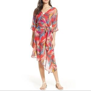 RED CARTER Red Tropical Print Wrap Midi Dress